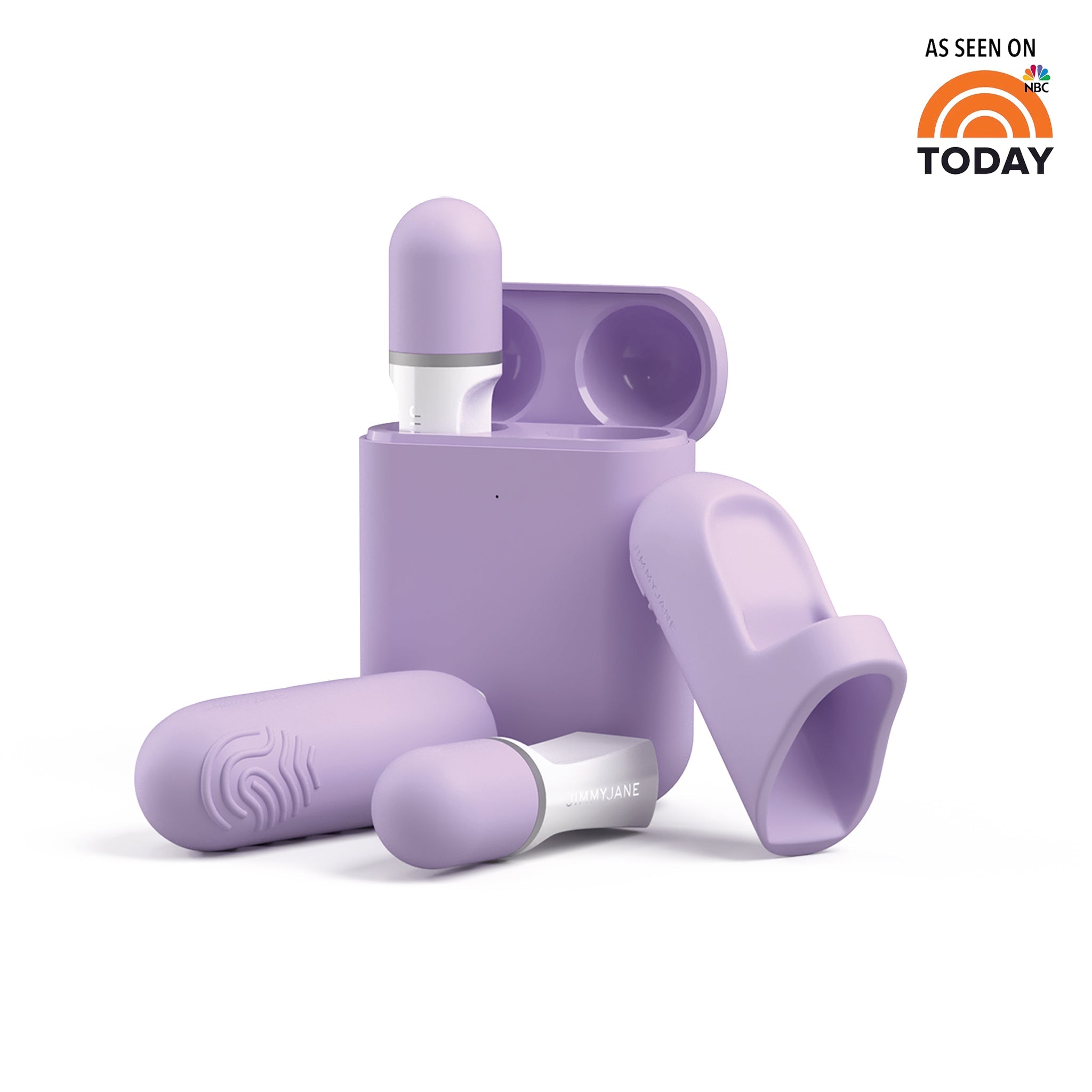 The JIMMYJANE® Hello Touch® Pro features lavender finger vibrators with an ergonomic design, a rechargeable travel case, and comes with an As Seen On NBC Today badge.