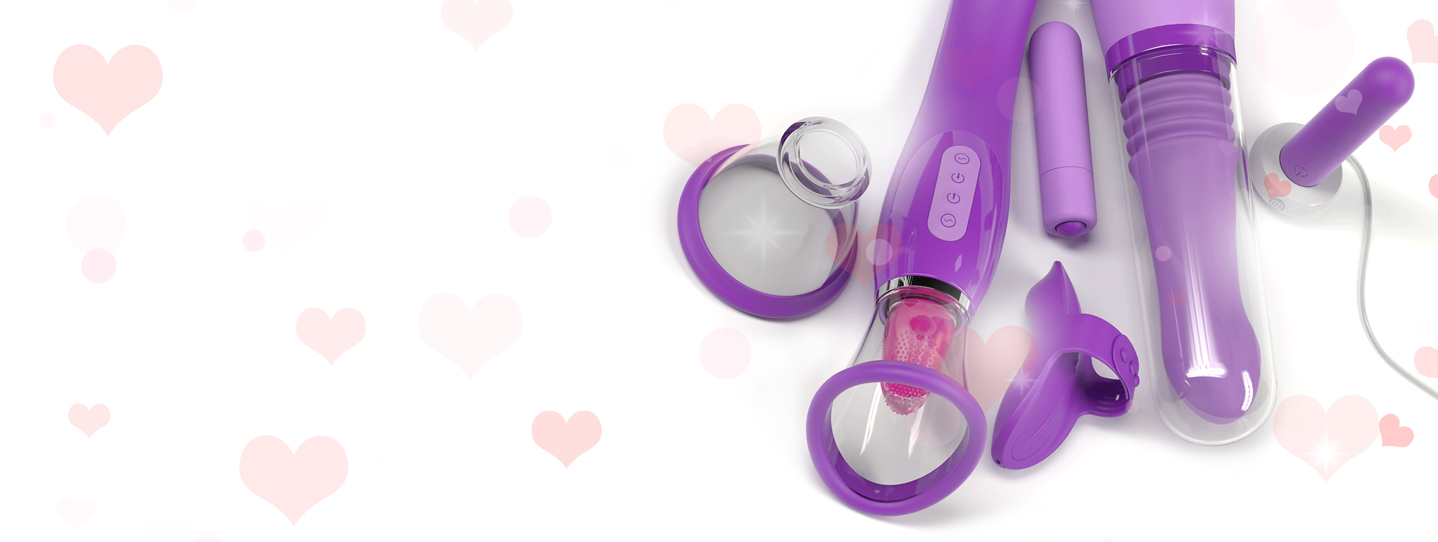 Image of 5 different Fantasy for Her purple vibrators with a white background and light tint of red hearts scattered