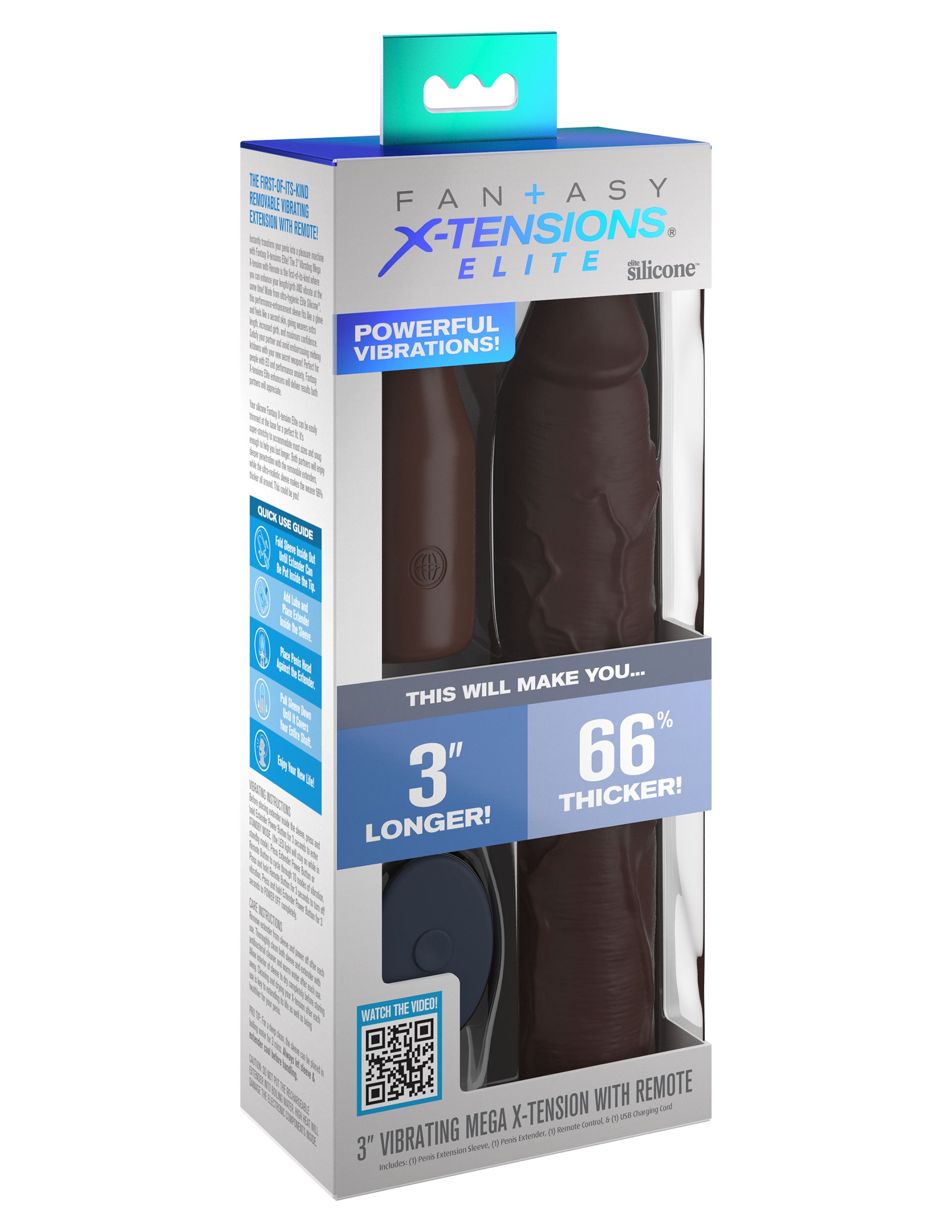 Fantasy X-tensions Elite - 3" Vibrating Mega X-tension with Remote - Brown