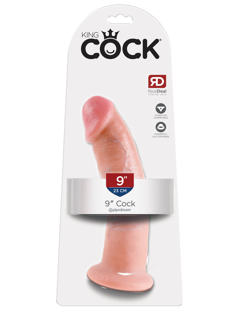 This is an image of The King Cock¬ 9" Cock - Light. . Do you want your first dildo to look and feel just like the rock-hard stud you've always fantasized about? Stop dreaming and get down with the King! Every vein, every shaft, and every head is carefully handcrafted with exquisite detail to give you the most realistic experience ever imagined.