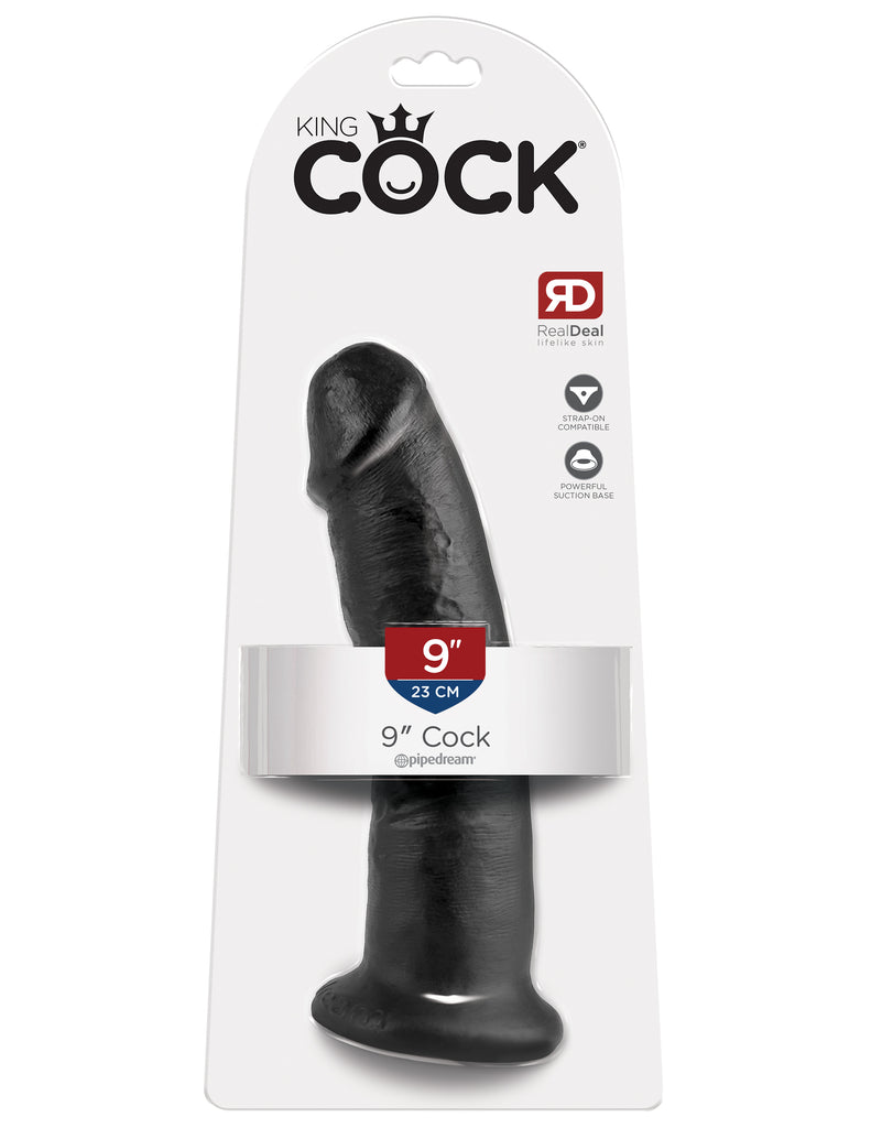This is an image of The King Cock¬ 9" Cock - Black. . Do you want your first dildo to look and feel just like the rock-hard stud you've always fantasized about? Stop dreaming and get down with the King! Every vein, every shaft, and every head is carefully handcrafted with exquisite detail to give you the most realistic experience ever imagined.