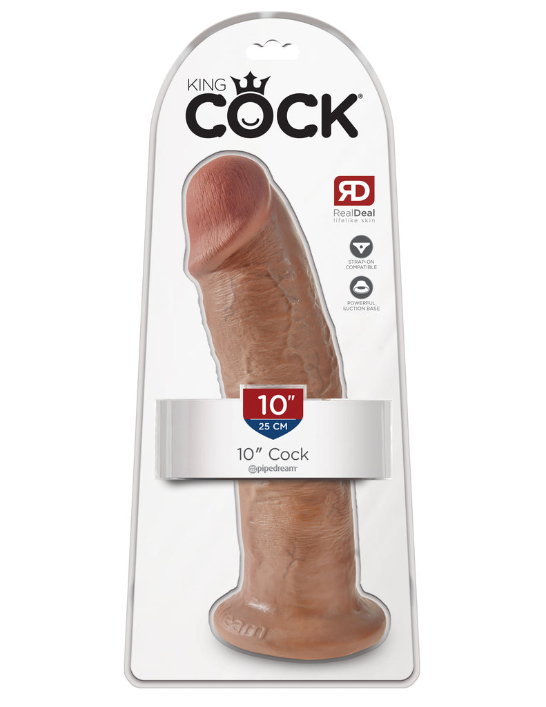 This is an image of The King Cock¬ 10" Cock - Tan. . Do you want your first dildo to look and feel just like the rock-hard stud you've always fantasized about? Stop dreaming and get down with the King! Every vein, every shaft, and every head is carefully handcrafted with exquisite detail to give you the most realistic experience ever imagined.