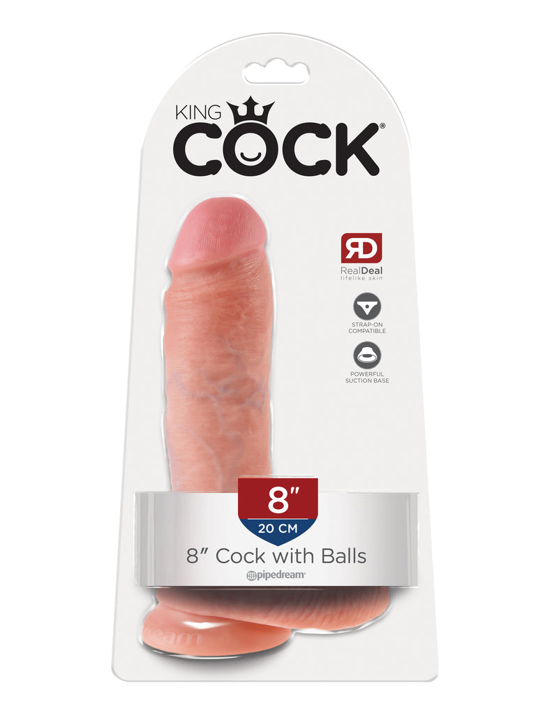 This is an image of The King Cock¬ 8" Cock with Balls - Light. . Do you want your first dildo to look and feel just like the rock-hard stud you've always fantasized about? Stop dreaming and get down with the King! Every vein, every shaft, and every head is carefully handcrafted with exquisite detail to give you the most realistic experience ever imagined.