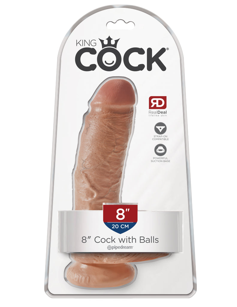 This is an image of The King Cock¬ 8" Cock with Balls - Tan. . Do you want your first dildo to look and feel just like the rock-hard stud you've always fantasized about? Stop dreaming and get down with the King! Every vein, every shaft, and every head is carefully handcrafted with exquisite detail to give you the most realistic experience ever imagined.
