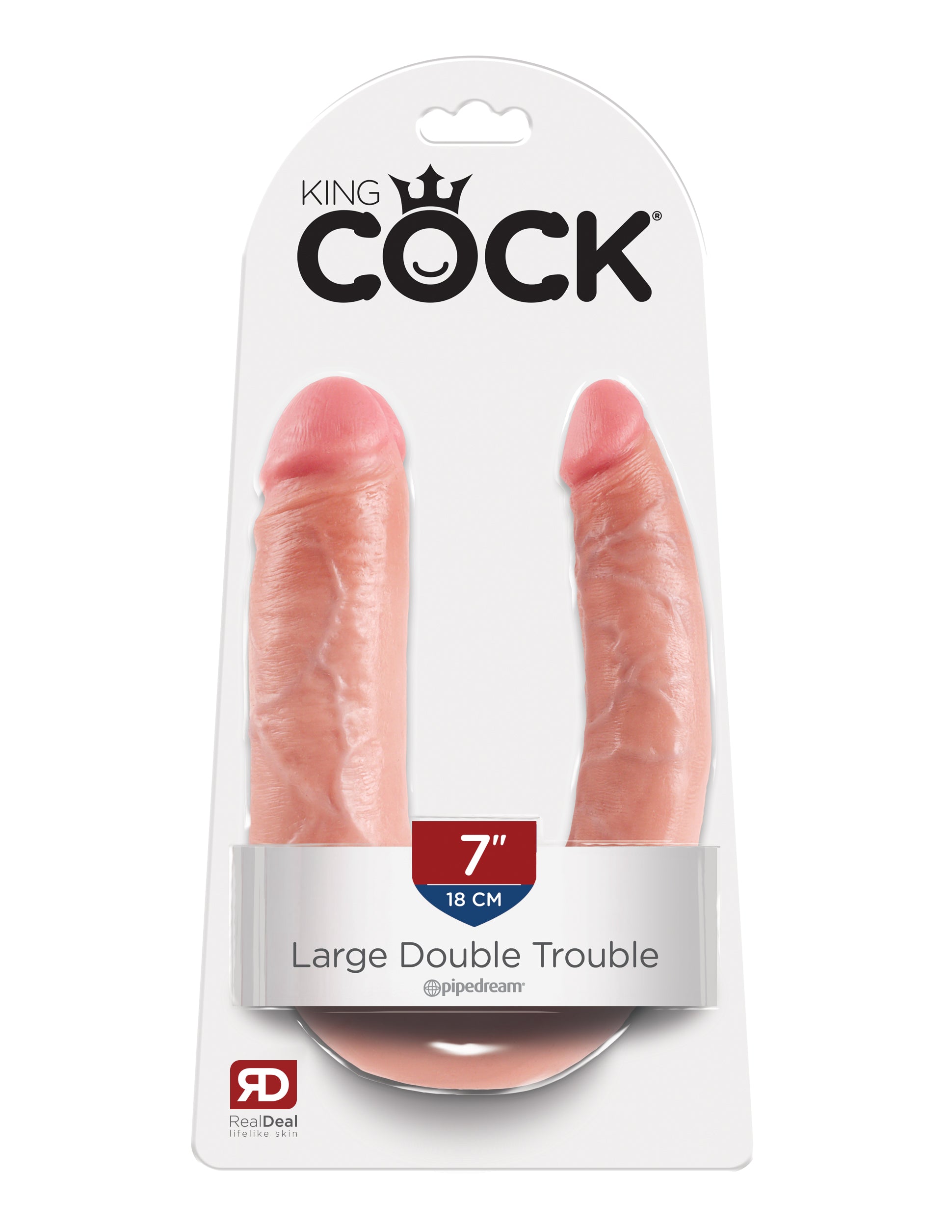 This is an image of The King Cock Large Double Trouble - Light. . Do you want your first dildo to look and feel just like the rock-hard stud you've always fantasized about? Stop dreaming and get down with the King! Every vein, every shaft, and every head is carefully handcrafted with exquisite detail to give you the most realistic experience ever imagined.
