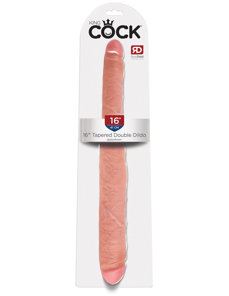This is an image of The King Cock¬ 16" Tapered Double Dildo - Light. . Do you want your first dildo to look and feel just like the rock-hard stud you've always fantasized about? Stop dreaming and get down with the King! Every vein, every shaft, and every head is carefully handcrafted with exquisite detail to give you the most realistic experience ever imagined.