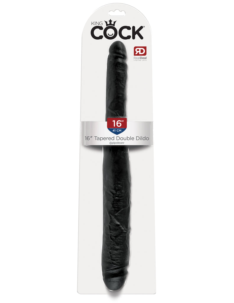 This is an image of The King Cock¬ 16" Tapered Double Dildo - Black. . Do you want your first dildo to look and feel just like the rock-hard stud you've always fantasized about? Stop dreaming and get down with the King! Every vein, every shaft, and every head is carefully handcrafted with exquisite detail to give you the most realistic experience ever imagined.