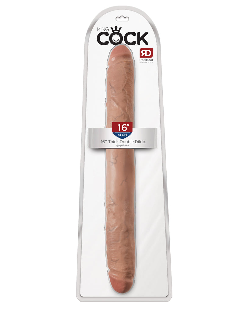 This is an image of The King Cock¬ 16" Thick Double Dildo - Tan. . Do you want your first dildo to look and feel just like the rock-hard stud you've always fantasized about? Stop dreaming and get down with the King! Every vein, every shaft, and every head is carefully handcrafted with exquisite detail to give you the most realistic experience ever imagined.