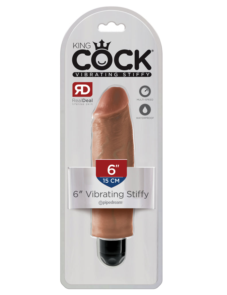 This is an image of Pipedream's King Cock¬ 6" Vibrating Stiffy - Tan. When you're looking for a realistic vibe that's always ready for action, the King Cock¬ Vibrating Stiffy is the perfect choice for maximum satisfaction! This lifelike dildo features a powerful multispeed vibrator that delivers mind-blowing thrills. It feels even better than the real thing!