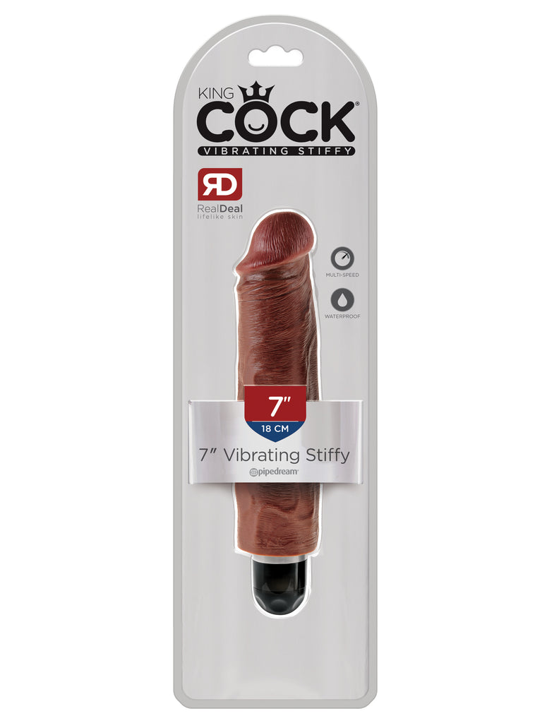 This is an image of Pipedream's King Cock¬ 7" Vibrating Stiffy - Brown. When you're looking for a realistic vibe that's always ready for action, the King Cock¬ Vibrating Stiffy is the perfect choice for maximum satisfaction! This lifelike dildo features a powerful multispeed vibrator that delivers mind-blowing thrills. It feels even better than the real thing!