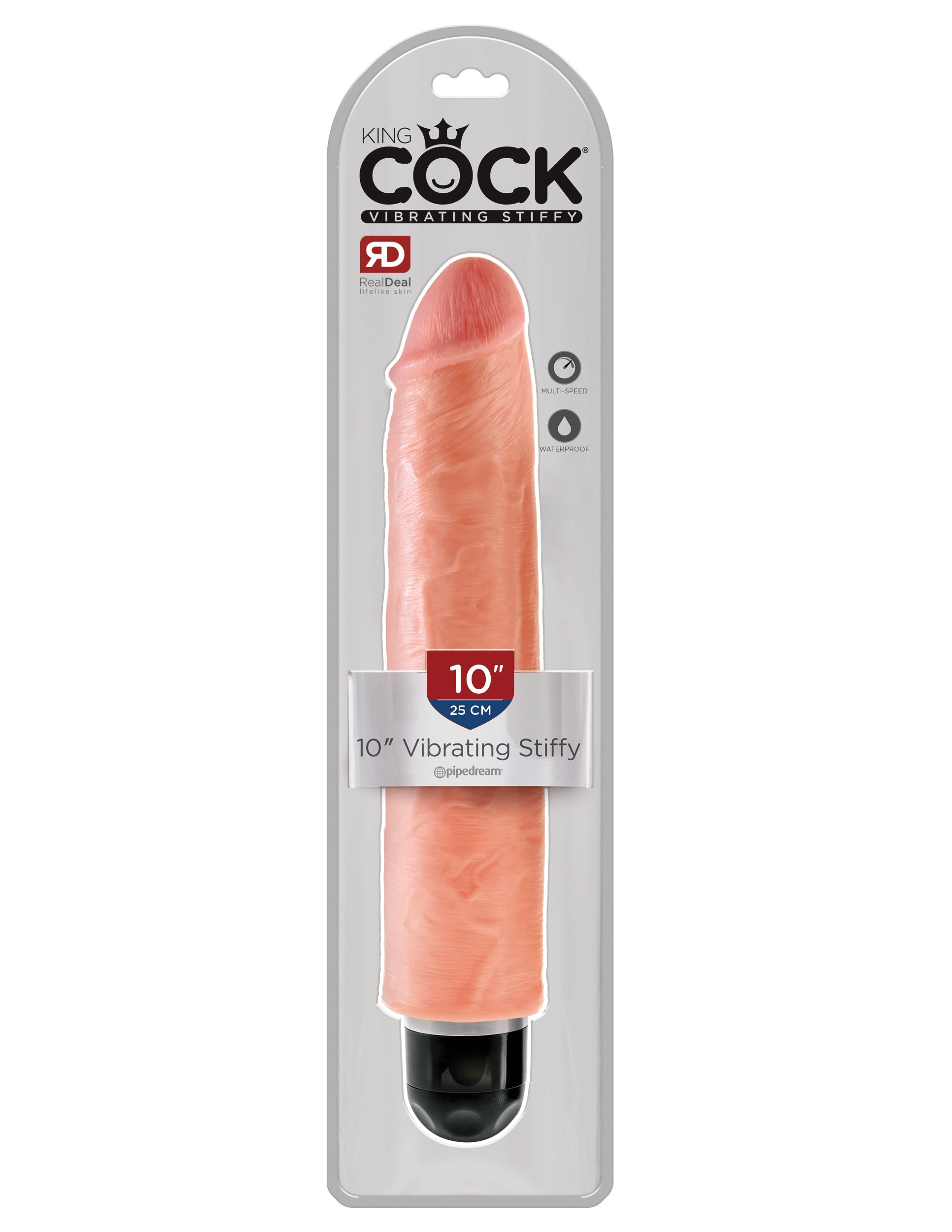 This is an image of Pipedream's King Cock¬ 10" Vibrating Stiffy - Light. When you're looking for a realistic vibe that's always ready for action, the King Cock¬ Vibrating Stiffy is the perfect choice for maximum satisfaction! This lifelike dildo features a powerful multispeed vibrator that delivers mind-blowing thrills. It feels even better than the real thing!