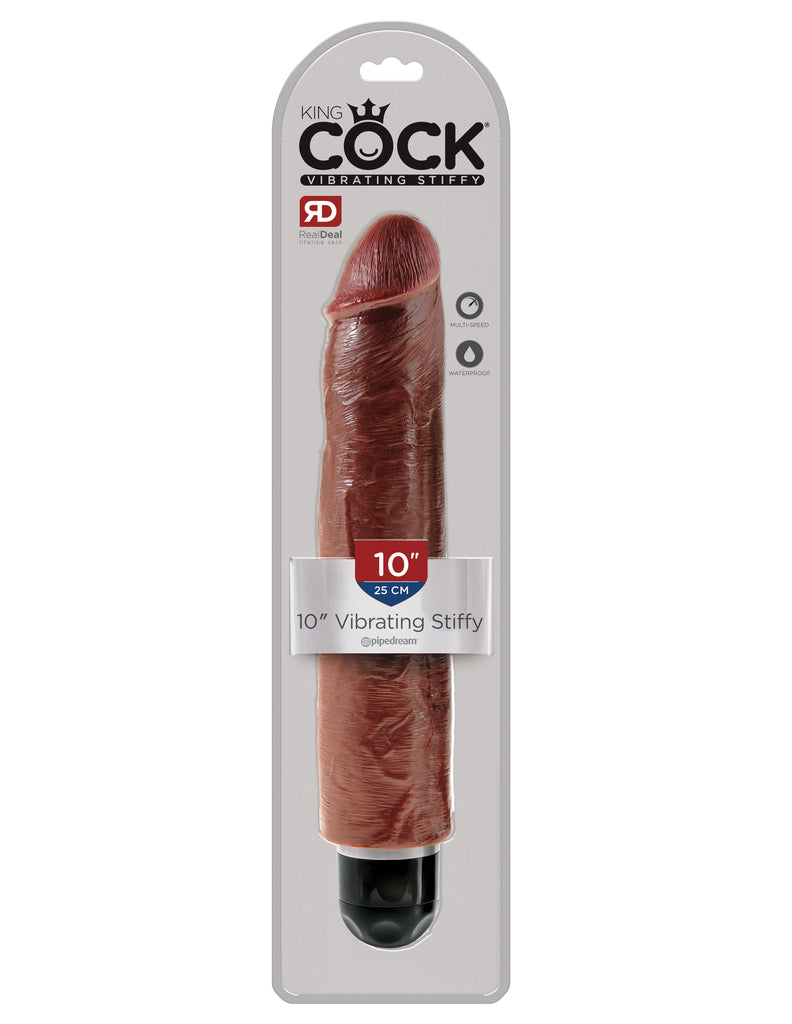 This is an image of Pipedream's King Cock¬ 10" Vibrating Stiffy - Brown. When you're looking for a realistic vibe that's always ready for action, the King Cock¬ Vibrating Stiffy is the perfect choice for maximum satisfaction! This lifelike dildo features a powerful multispeed vibrator that delivers mind-blowing thrills. It feels even better than the real thing!