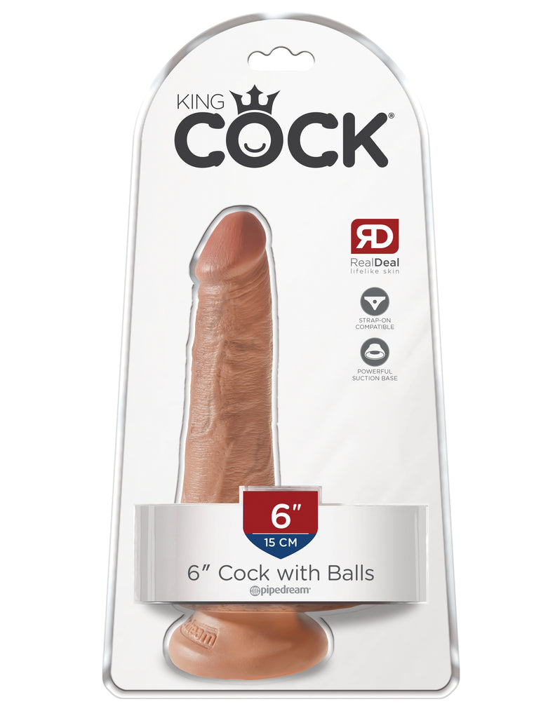 This is an image of The King Cock¬ 6" Cock with Balls - Tan. . Do you want your first dildo to look and feel just like the rock-hard stud you've always fantasized about? Stop dreaming and get down with the King! Every vein, every shaft, and every head is carefully handcrafted with exquisite detail to give you the most realistic experience ever imagined.