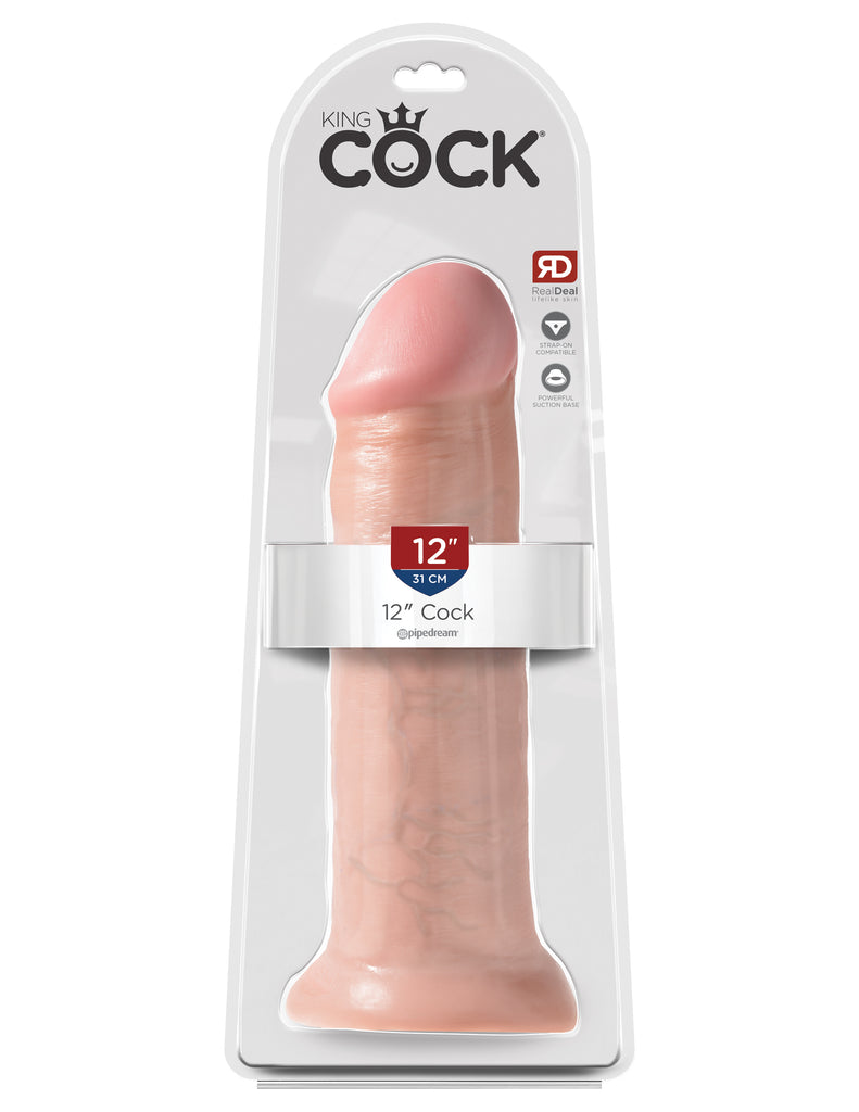 This is an image of The King Cock¬ 12" Cock - Light. . Do you want your first dildo to look and feel just like the rock-hard stud you've always fantasized about? Stop dreaming and get down with the King! Every vein, every shaft, and every head is carefully handcrafted with exquisite detail to give you the most realistic experience ever imagined.