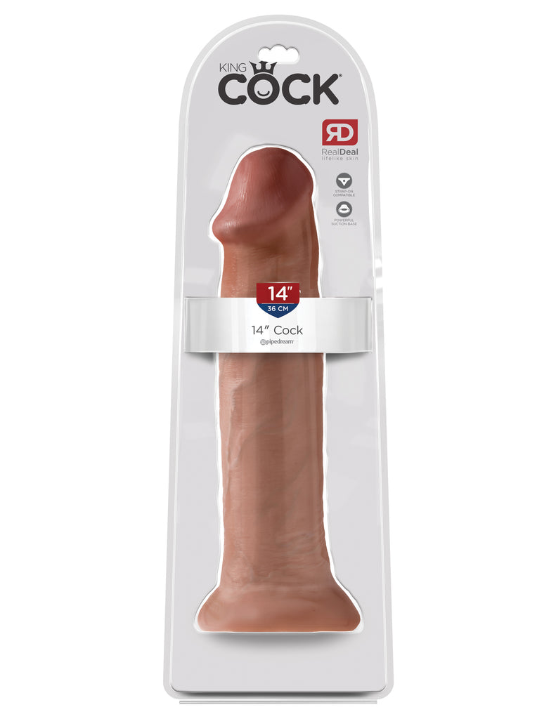 This is an image of The King Cock¬ 14" Cock - Tan. . Do you want your first dildo to look and feel just like the rock-hard stud you've always fantasized about? Stop dreaming and get down with the King! Every vein, every shaft, and every head is carefully handcrafted with exquisite detail to give you the most realistic experience ever imagined.