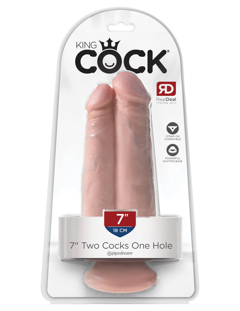 This is an image of The King Cock¬ 7" Two Cocks One Hole - Light. . This King CocK satisfies your 2-in-1 fantasies with one thick dildo sculpted from two lifelike cocks. <br>Exquisitely handcrafted and flexible, the King Cock¬ Two Cocks One Hole provides exciting stimulation and a satisfying feeling of fullness. The powerful suction cup base sticks to nearly any flat surface and makes every dildo harness compatible.