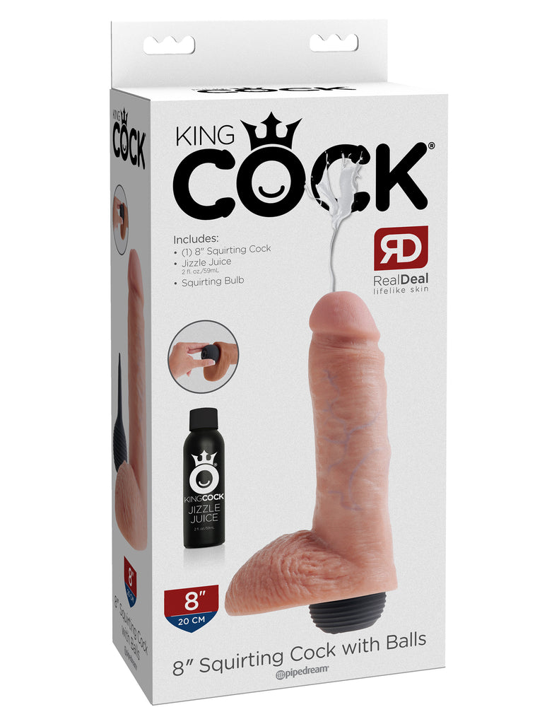 This is an image of The King Cock¬ 8" Squirting Cock with Balls - Light. . This King Cock¬ Squirting Cock is ultra-realistic and will satisfy all of your cravings for cum-play! Hand-sculpted with amazing attention to detail and featuring our exclusive Jizzle Juice squeeze-bulb, the King Cock¬ Squirting Cocks are the most satisfying ejaculating dildos on the market!