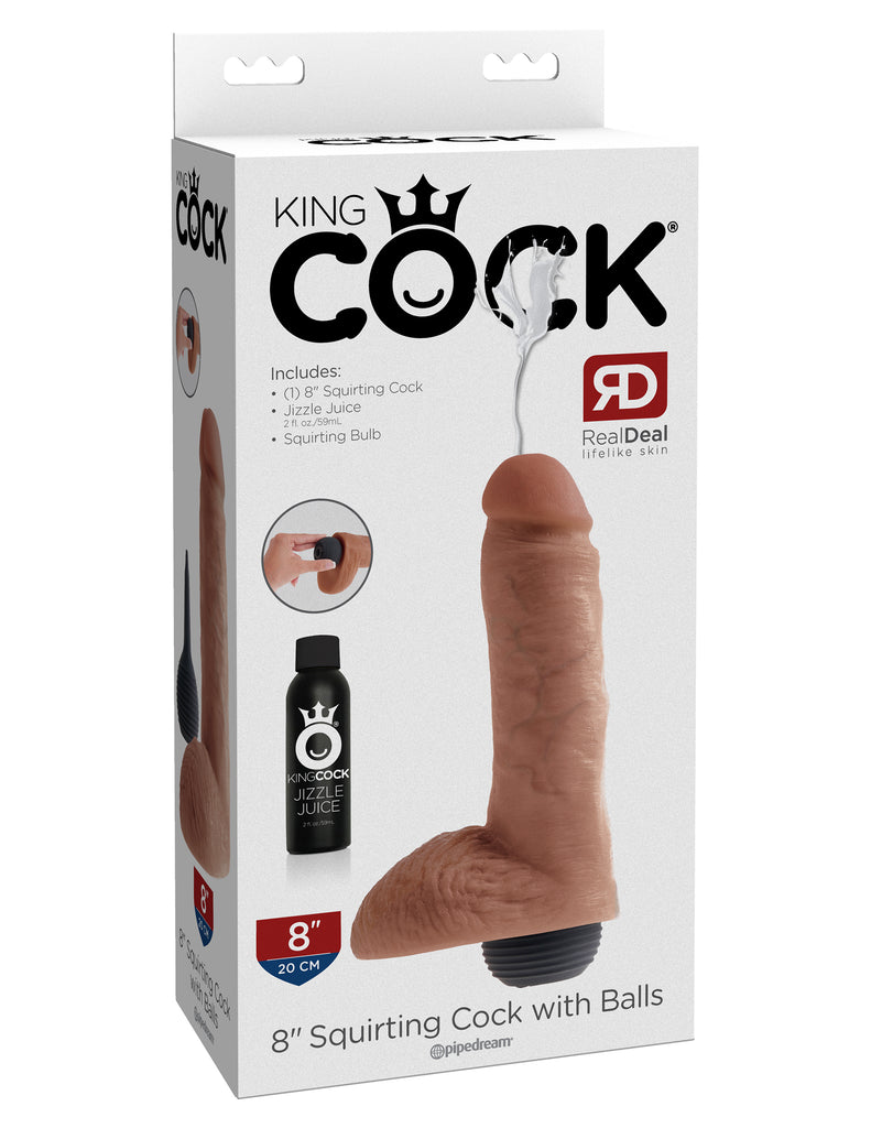This is an image of The King Cock¬ 8" Squirting Cock with Balls - Tan. . This King Cock¬ Squirting Cock is ultra-realistic and will satisfy all of your cravings for cum-play! Hand-sculpted with amazing attention to detail and featuring our exclusive Jizzle Juice squeeze-bulb, the King Cock¬ Squirting Cocks are the most satisfying ejaculating dildos on the market!