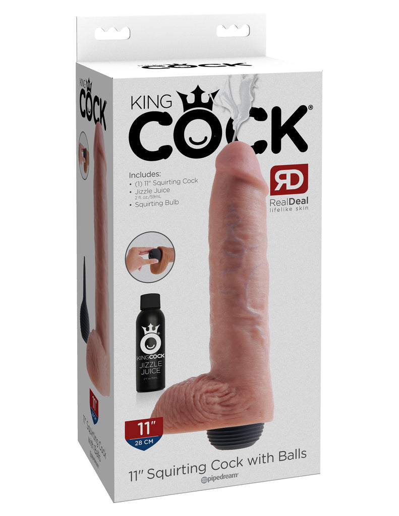 This is an image of The King Cock¬ 11" Squirting Cock with Balls - Light. . This King Cock¬ Squirting Cock is ultra-realistic and will satisfy all of your cravings for cum-play! Hand-sculpted with amazing attention to detail and featuring our exclusive Jizzle Juice squeeze-bulb, the King Cock¬ Squirting Cocks are the most satisfying ejaculating dildos on the market!
