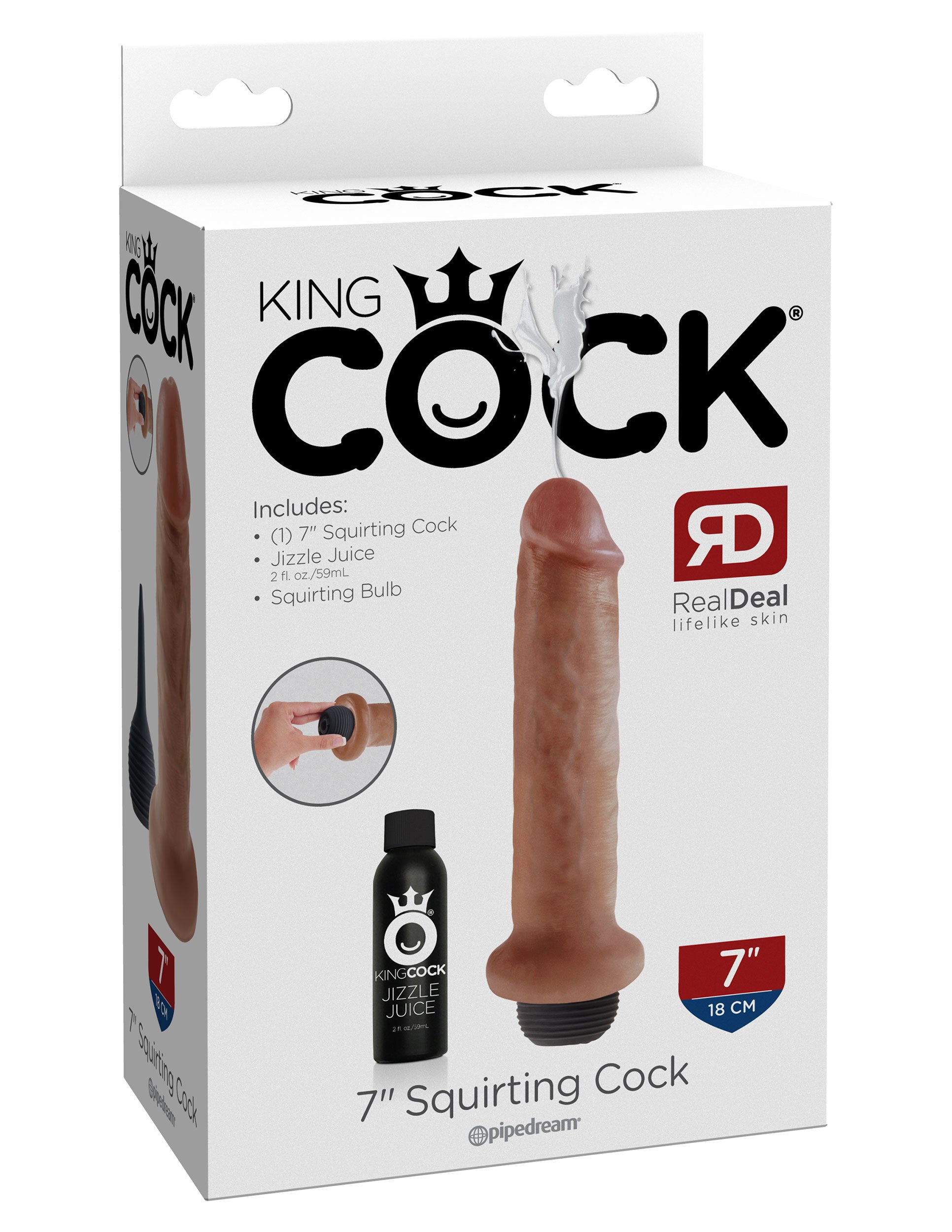 This is an image of The King Cock¬ 7" Squirting Cock - Tan. . This King Cock¬ Squirting Cock is ultra-realistic and will satisfy all of your cravings for cum-play! Hand-sculpted with amazing attention to detail and featuring our exclusive Jizzle Juice squeeze-bulb, the King Cock¬ Squirting Cocks are the most satisfying ejaculating dildos on the market!