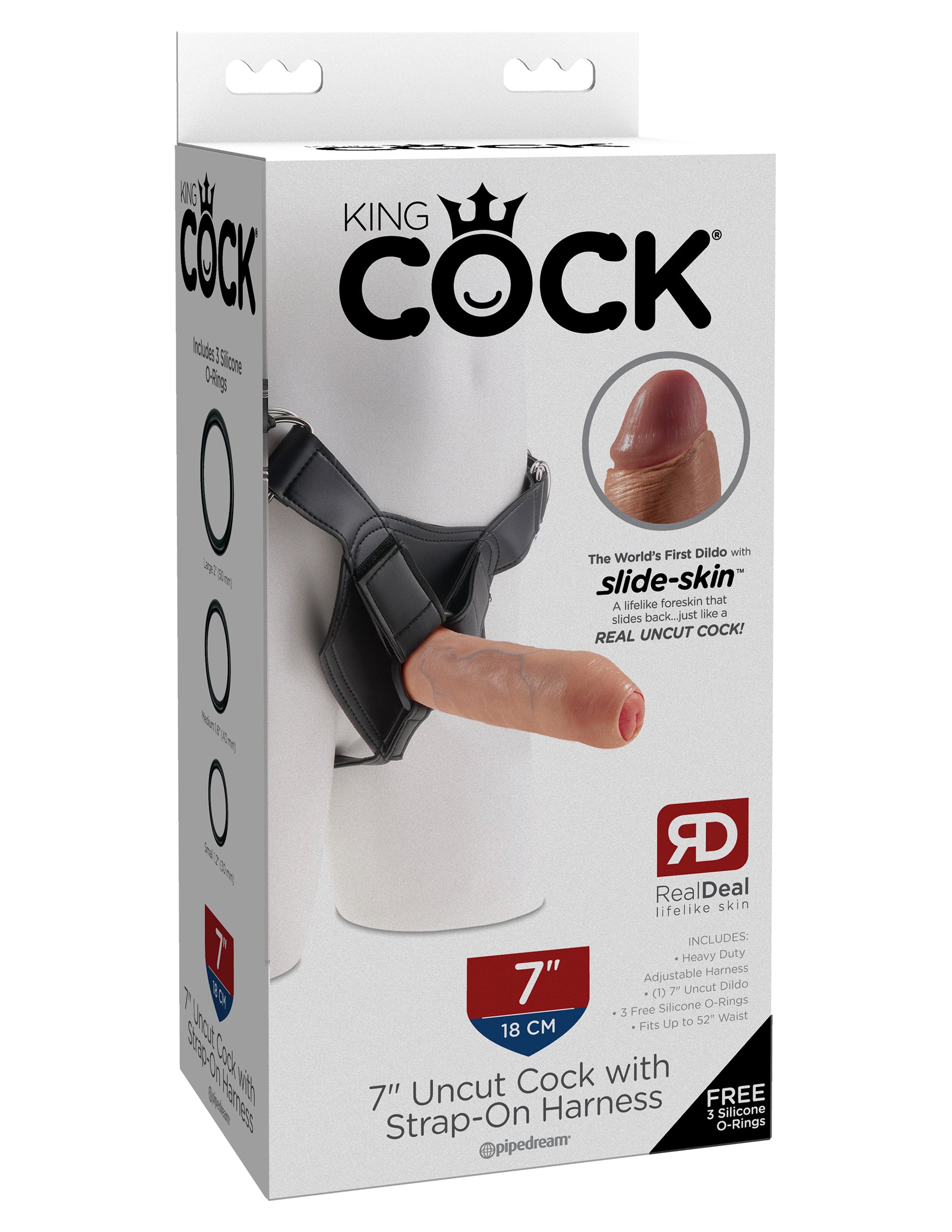 This is an image of The King Cock¬ 7" Uncut with Strap on Harness - Light. . When you want an incredibly realistic strap-on experience, this King Cock Uncut with Strap-On Harness will fulfill your fantasy with a lifelike movable foreskin that slides back just like a real uncut cock!