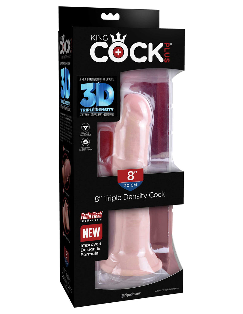 This is an image of The King Cock¬ Plus 8" Triple Density Cock - Light. . Feel The Difference! The King Cock Plus 9" Triple Density Cock is made of new and improved Fanta Flesh material, making it stiff on the inside and soft on the outside. The lifelike outer skin is smooth to the touch, while the inner shaft is stiff and erect like an actual penis, making your pleasure experience as true to real life as possible.