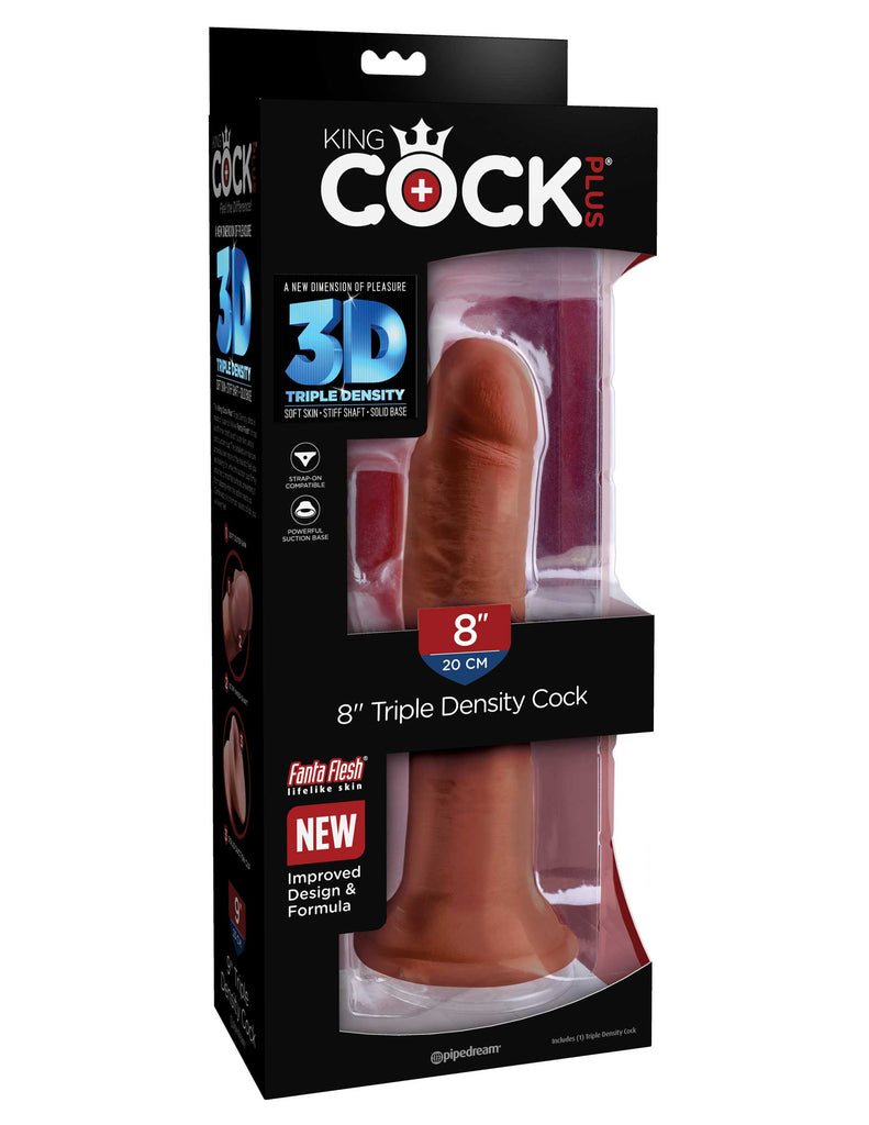 This is an image of The King Cock¬ Plus 8" Triple Density Cock - Brown. . Feel The Difference! The King Cock Plus 9" Triple Density Cock is made of new and improved Fanta Flesh material, making it stiff on the inside and soft on the outside. The lifelike outer skin is smooth to the touch, while the inner shaft is stiff and erect like an actual penis, making your pleasure experience as true to real life as possible.