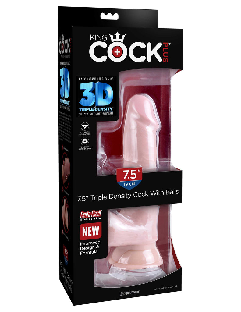 This is an image of The King Cock¬ Plus 7.5" Triple Density Cock with Balls - Light. . Feel The Difference! The King Cock Plus 9" Triple Density Cock is made of new and improved Fanta Flesh material, making it stiff on the inside and soft on the outside. The lifelike outer skin is smooth to the touch, while the inner shaft is stiff and erect like an actual penis, making your pleasure experience as true to real life as possible.