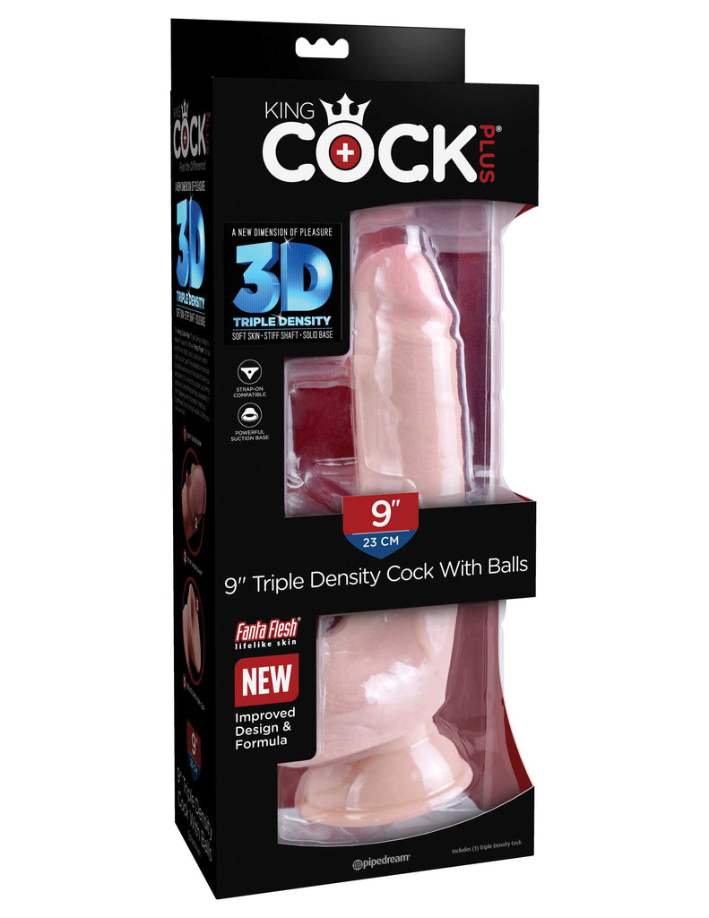 This is an image of The King Cock¬ Plus 9" Triple Density Cock with Balls - Light. . Feel The Difference! The King Cock Plus 9" Triple Density Cock is made of new and improved Fanta Flesh material, making it stiff on the inside and soft on the outside. The lifelike outer skin is smooth to the touch, while the inner shaft is stiff and erect like an actual penis, making your pleasure experience as true to real life as possible.