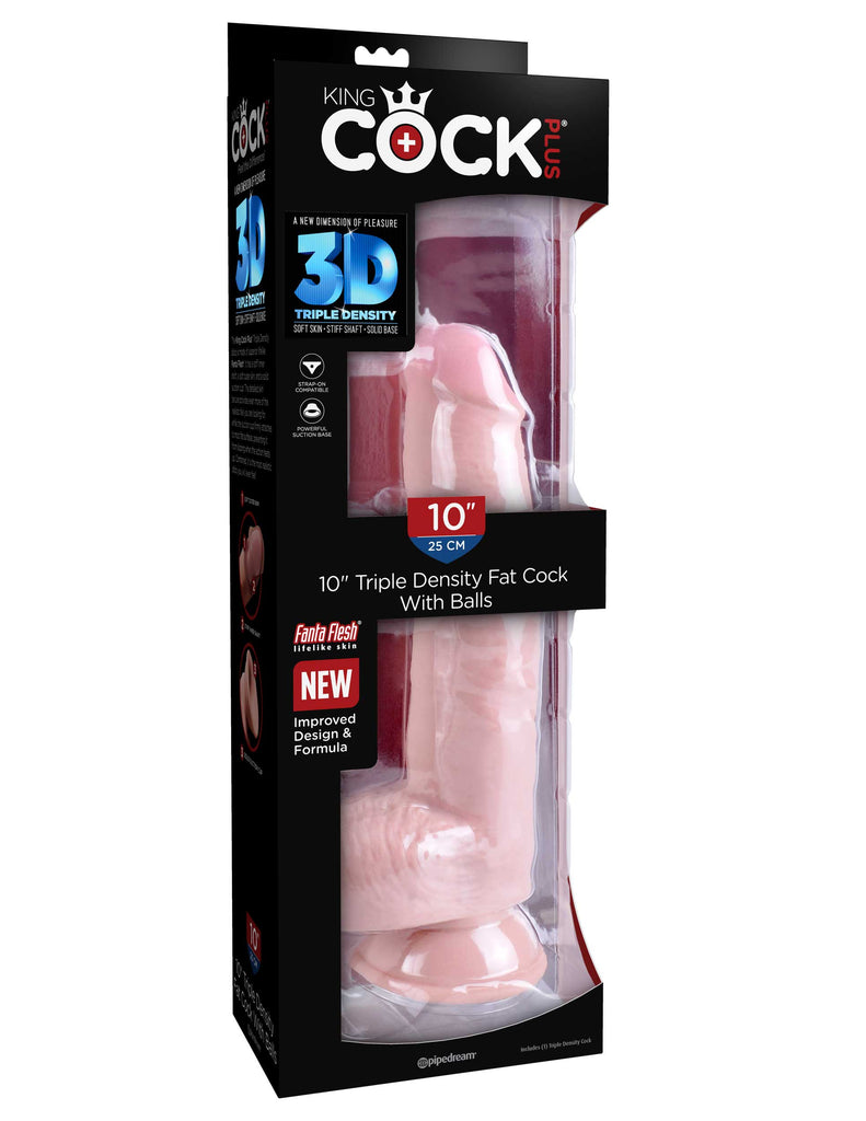 This is an image of The King Cock¬ Plus 10" Triple Density Fat Cock with Balls - Light. . Feel The Difference! The King Cock Plus 9" Triple Density Cock is made of new and improved Fanta Flesh material, making it stiff on the inside and soft on the outside. The lifelike outer skin is smooth to the touch, while the inner shaft is stiff and erect like an actual penis, making your pleasure experience as true to real life as possible.