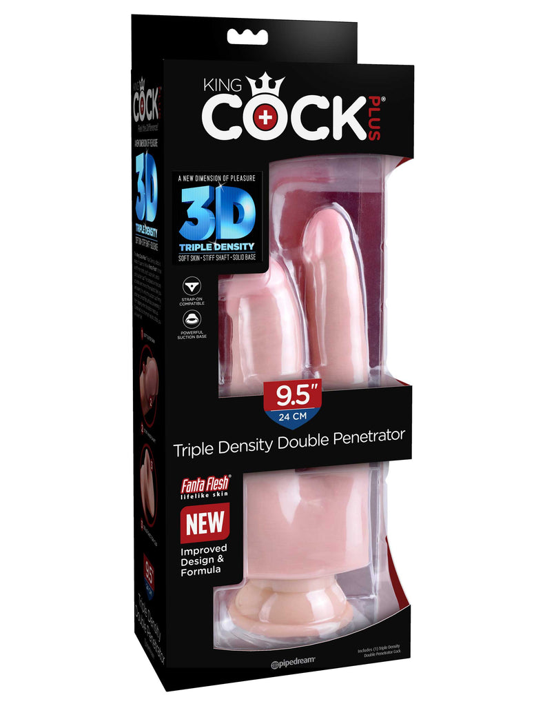 This is an image of The King Cock Plus Triple Density Double Penetrator - Light. . Feel The Difference! The King Cock Plus 9" Triple Density Cock is made of new and improved Fanta Flesh material, making it stiff on the inside and soft on the outside. The lifelike outer skin is smooth to the touch, while the inner shaft is stiff and erect like an actual penis, making your pleasure experience as true to real life as possible.