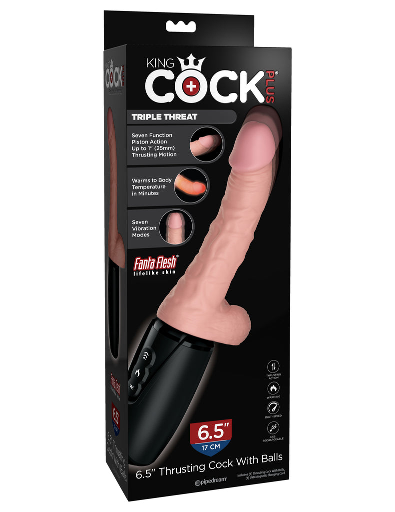 This is an image of The King Cock¬ Plus 6.5" Thrusting Cock with Balls - Light. . Feel The Difference! The King Cock Plus 9" Triple Density Cock is made of new and improved Fanta Flesh material, making it stiff on the inside and soft on the outside. The lifelike outer skin is smooth to the touch, while the inner shaft is stiff and erect like an actual penis, making your pleasure experience as true to real life as possible.