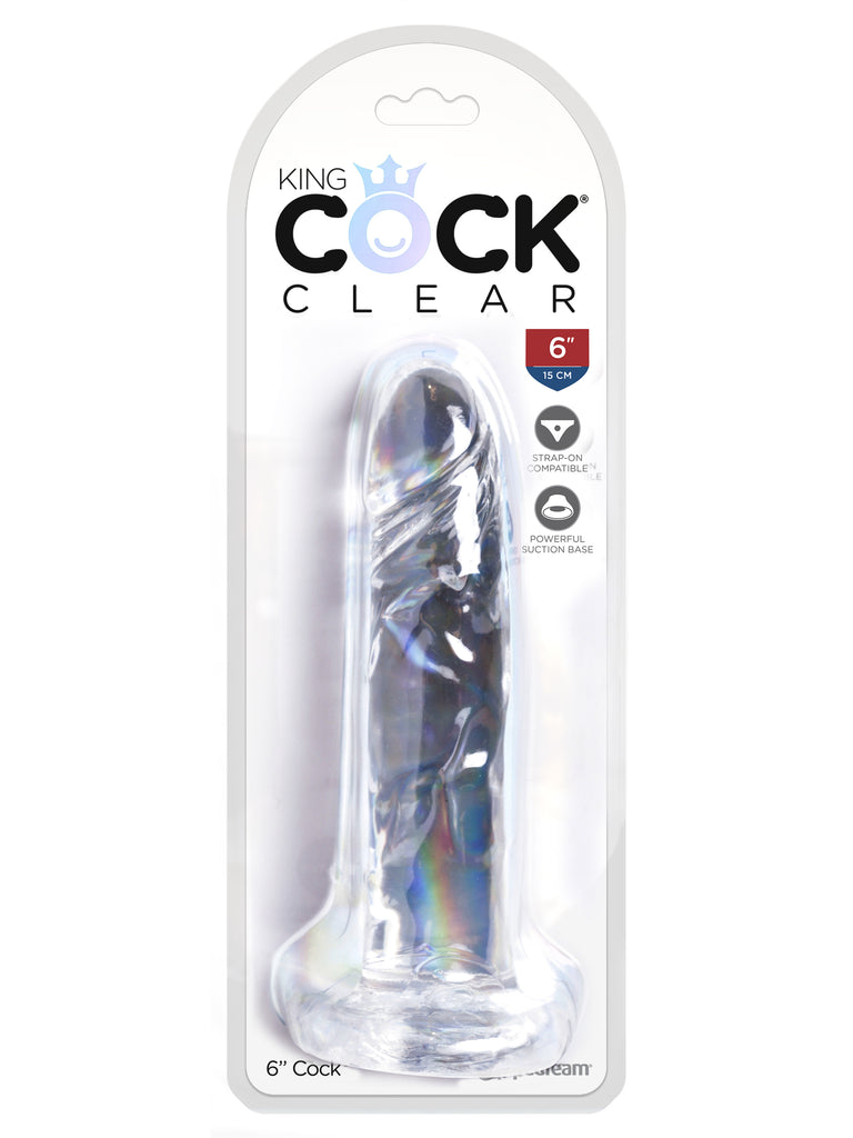 This is an image of The King Cock¬ Clear 6" Cock. . The Choice is Clear! The King Cock¬ Clear 5 in. Dildo combines a translucent dildo with a realistic cock design: flexible shaft, detailed veins, and defined head. The powerful suction cup base sticks to nearly any flat surface and makes every dildo harness compatible. Created to heighten your pleasure experience, this specially crafted formula is virtually odorless, non-sticky, and easy to clean.