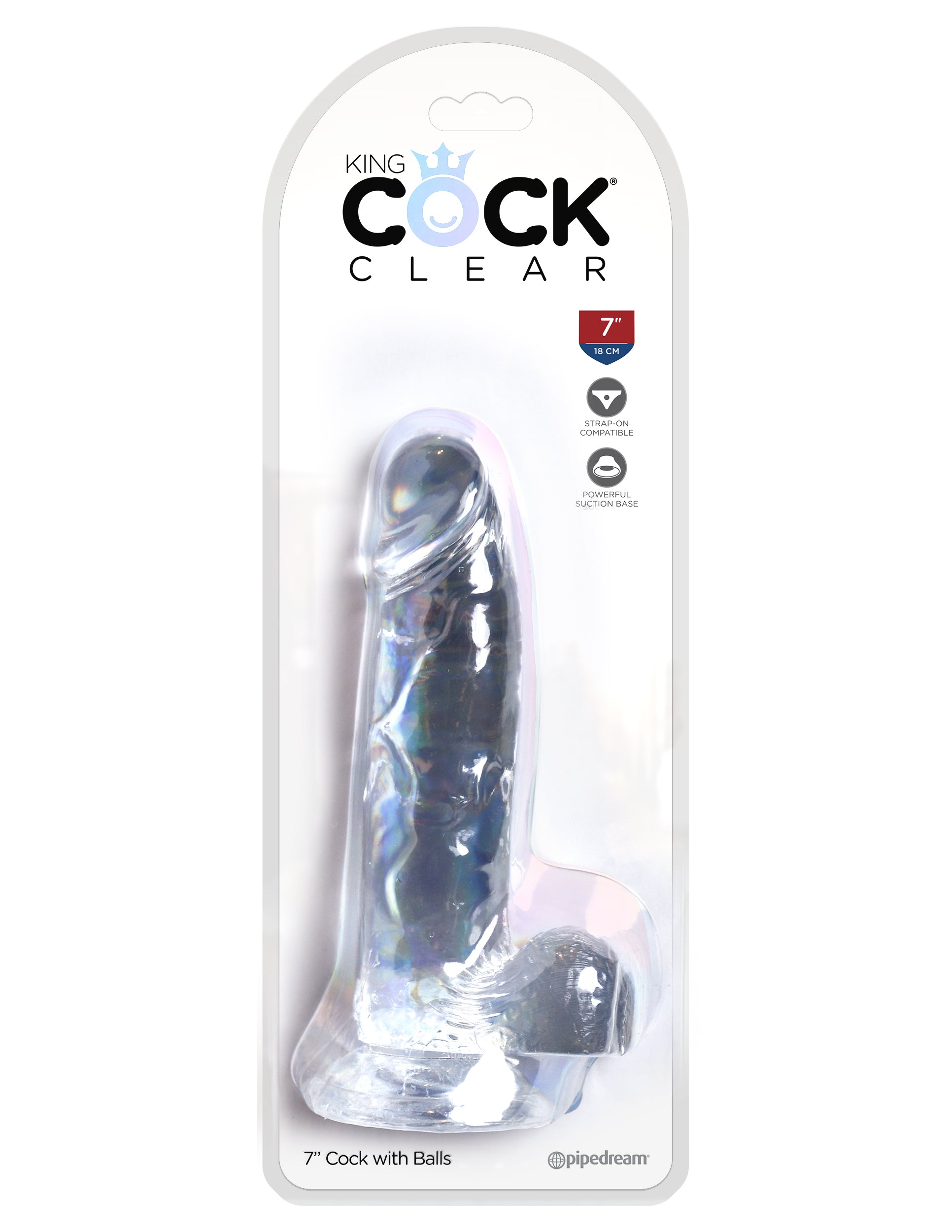This is an image of The King Cock¬ Clear 7" Cock with Balls. . The Choice is Clear! The King Cock¬ Clear 5 in. Dildo combines a translucent dildo with a realistic cock design: flexible shaft, detailed veins, and defined head. The powerful suction cup base sticks to nearly any flat surface and makes every dildo harness compatible. Created to heighten your pleasure experience, this specially crafted formula is virtually odorless, non-sticky, and easy to clean.