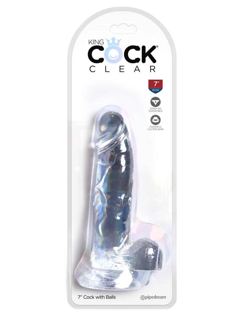 This is an image of The King Cock¬ Clear 7" Cock with Balls. . The Choice is Clear! The King Cock¬ Clear 5 in. Dildo combines a translucent dildo with a realistic cock design: flexible shaft, detailed veins, and defined head. The powerful suction cup base sticks to nearly any flat surface and makes every dildo harness compatible. Created to heighten your pleasure experience, this specially crafted formula is virtually odorless, non-sticky, and easy to clean.