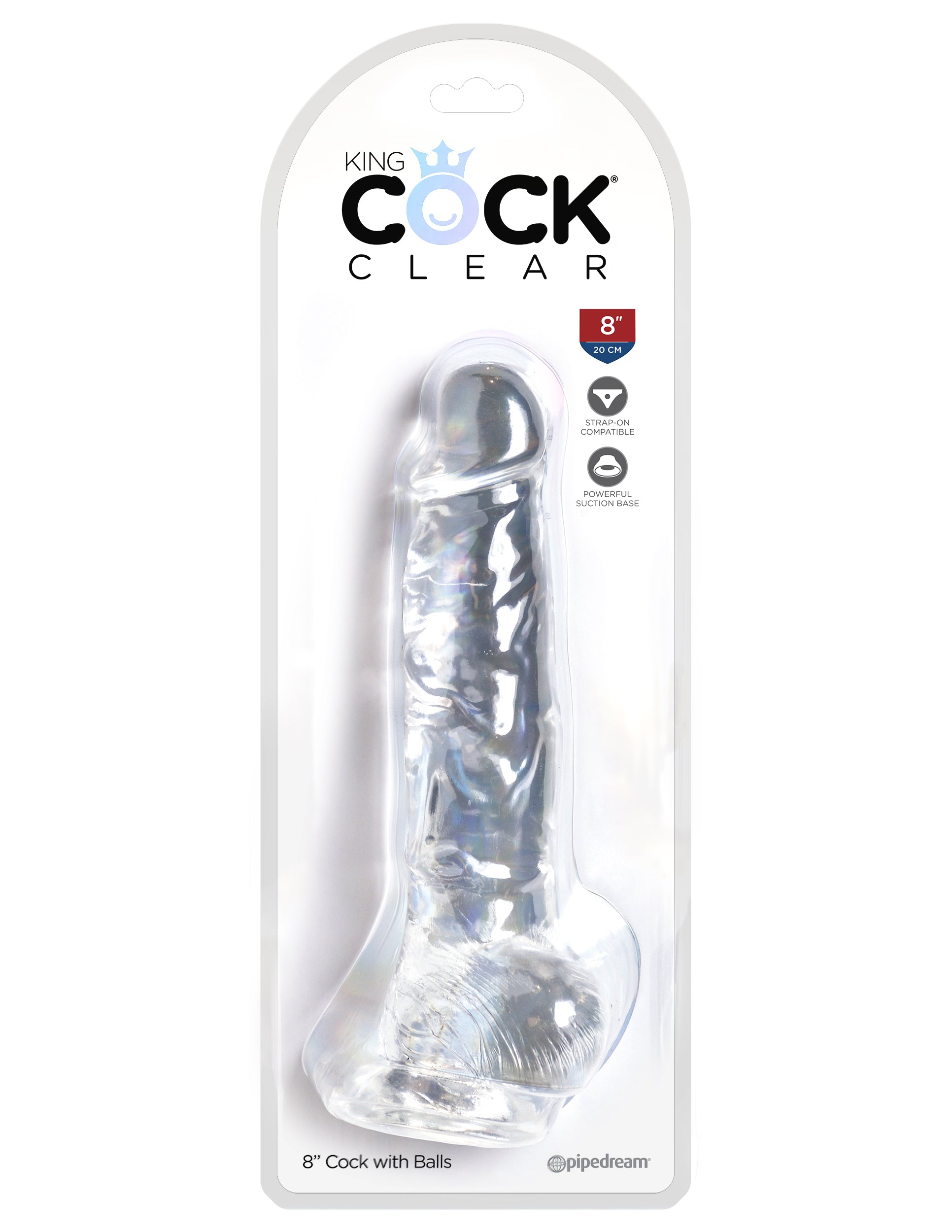 This is an image of The King Cock¬ Clear 8" Cock with Balls. . The Choice is Clear! The King Cock¬ Clear 5 in. Dildo combines a translucent dildo with a realistic cock design: flexible shaft, detailed veins, and defined head. The powerful suction cup base sticks to nearly any flat surface and makes every dildo harness compatible. Created to heighten your pleasure experience, this specially crafted formula is virtually odorless, non-sticky, and easy to clean.