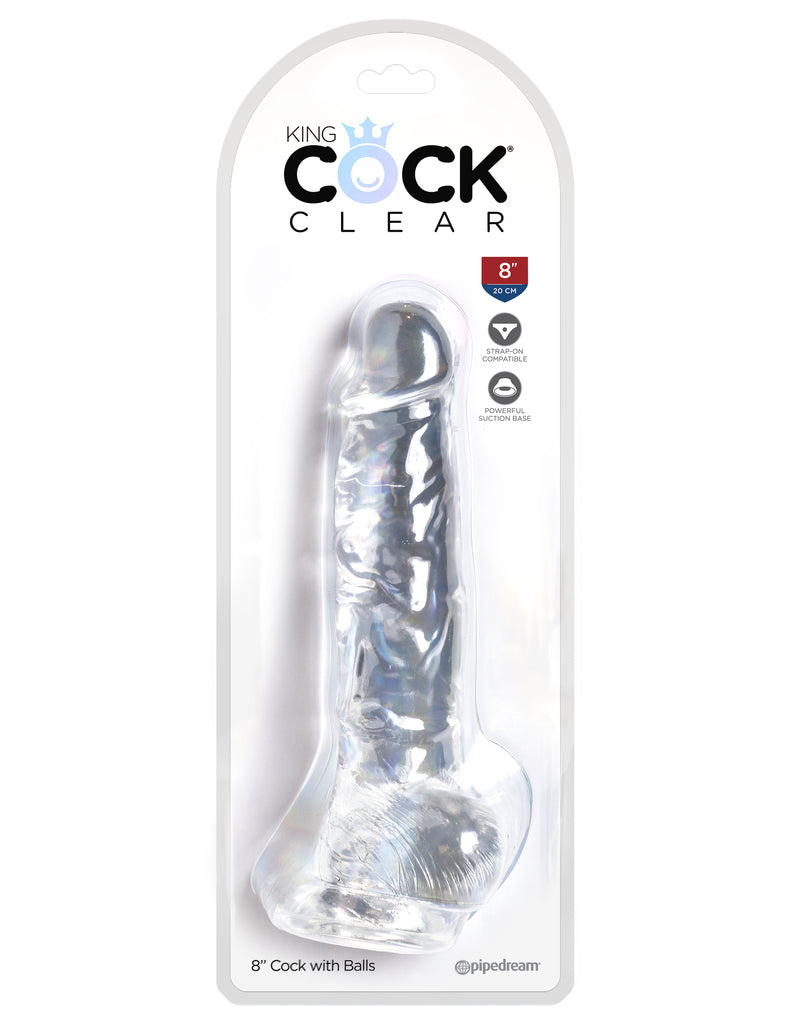 This is an image of The King Cock¬ Clear 8" Cock with Balls. . The Choice is Clear! The King Cock¬ Clear 5 in. Dildo combines a translucent dildo with a realistic cock design: flexible shaft, detailed veins, and defined head. The powerful suction cup base sticks to nearly any flat surface and makes every dildo harness compatible. Created to heighten your pleasure experience, this specially crafted formula is virtually odorless, non-sticky, and easy to clean.