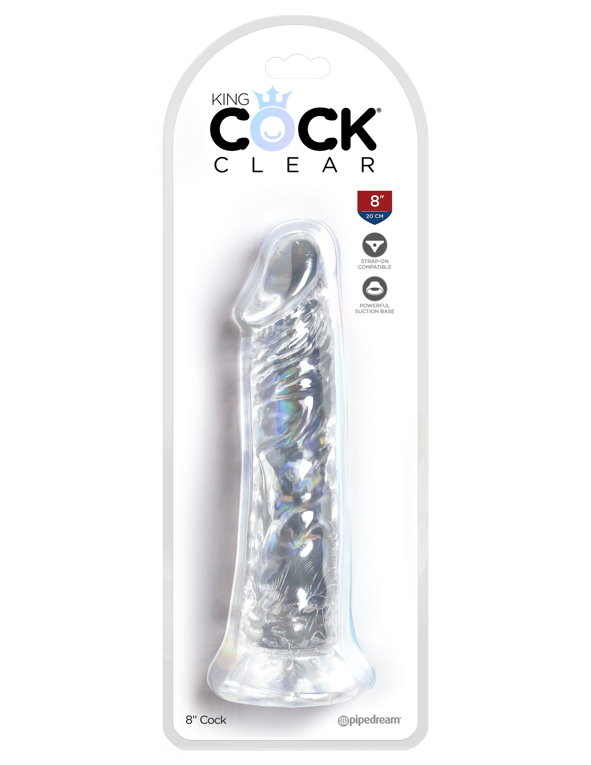 This is an image of The King Cock¬ Clear 8" Cock. . The Choice is Clear! The King Cock¬ Clear 5 in. Dildo combines a translucent dildo with a realistic cock design: flexible shaft, detailed veins, and defined head. The powerful suction cup base sticks to nearly any flat surface and makes every dildo harness compatible. Created to heighten your pleasure experience, this specially crafted formula is virtually odorless, non-sticky, and easy to clean.