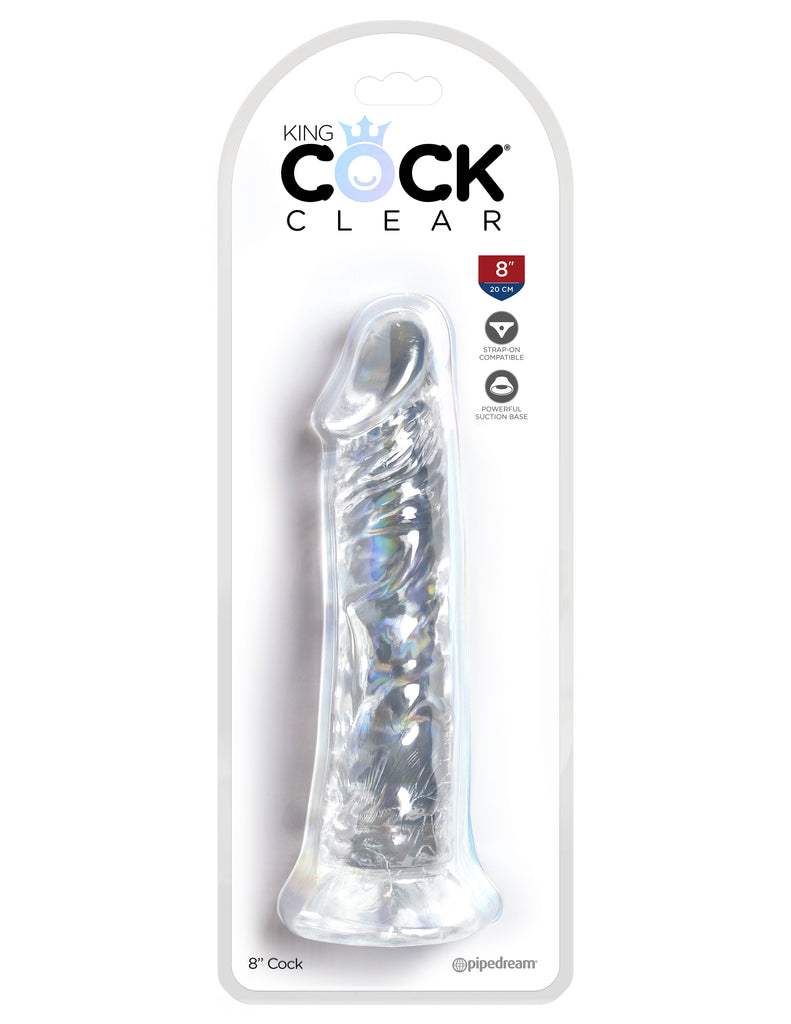 This is an image of The King Cock¬ Clear 8" Cock. . The Choice is Clear! The King Cock¬ Clear 5 in. Dildo combines a translucent dildo with a realistic cock design: flexible shaft, detailed veins, and defined head. The powerful suction cup base sticks to nearly any flat surface and makes every dildo harness compatible. Created to heighten your pleasure experience, this specially crafted formula is virtually odorless, non-sticky, and easy to clean.