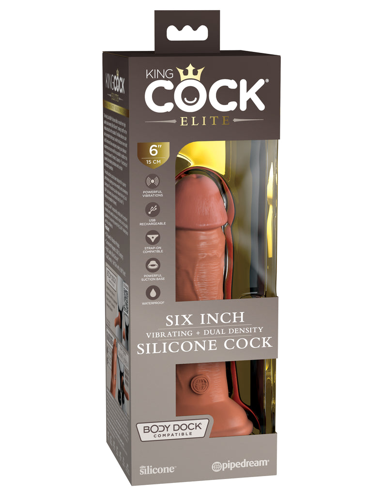 This is an image of The King Cock¬ Elite 6" Vibrating Silicone Dual Density Cock - Tan. . Made from high-quality dual-density Elite Silicone. The lifelike silicone outer skin is smooth to the touch, while the hard silicone inner shaft is stiff and erect like an actual penis, making your pleasure experience as true to real life as possible! The solid suction cup has been designed for superior adherence, giving you more versatility and convenience during use.