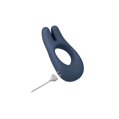 The JIMMYJANE® Deimos™ with Remote is a dark blue vibrating silicone c-ring featuring dual prongs for enhanced clitoral stimulation and comes with a charging cable, shown on a white background—ideal for couples’ play.