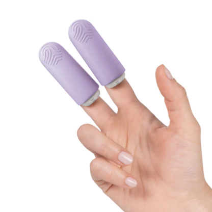 A hand wearing two JIMMYJANE® Hello Touch® Pro purple finger vibrators on the index and middle fingers highlights their ergonomic design against a white background.