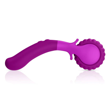 The JIMMYJANE® Evoke® Du-o is a purple silicone vibrating massage wheel pastry cutter with a fluted edge and dual motors, shown on a white background.