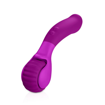 The JIMMYJANE® Evoke® Du-o is a purple silicone personal massager with a ribbed Vibrating Massage Wheel, dual motors, and a curved handle, shown on a white background.
