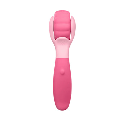 The JIMMYJANE® Evoke® Sol-o is a pink handheld facial roller massager with a textured wheel head for deep vibration, ideal for facial or full body massage, shown isolated on a white background.