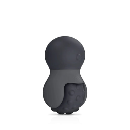 The JIMMYJANE® Evoke® Rol-o is a dark gray, rounded silicone vibrating massage wheel with an EZ Grip Handle, featuring a textured bottom and smooth top—ideal for deep vibration therapy; shown on a white background.