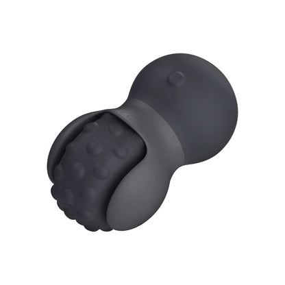 The JIMMYJANE® Evoke® Rol-o is a black, textured, peanut-shaped vibrating massage wheel with both smooth and bumpy surfaces for deep, targeted relief. Shown on a white background.
