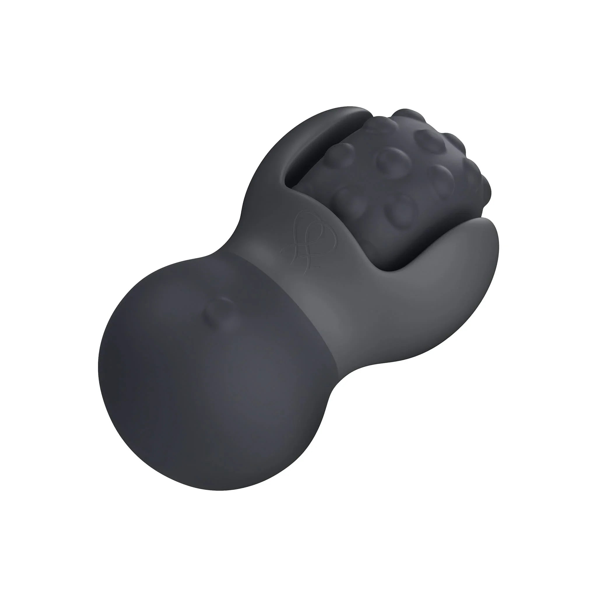The JIMMYJANE® Evoke® Rol-o is a black silicone vibrating massage wheel with a textured, rounded surface and an EZ Grip Handle for comfort, displayed on a white background.