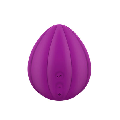 The JIMMYJANE® Love Pods™ Om is a purple, egg-shaped silicone vibrator with control buttons for clitoral stimulation, displayed on a white background.