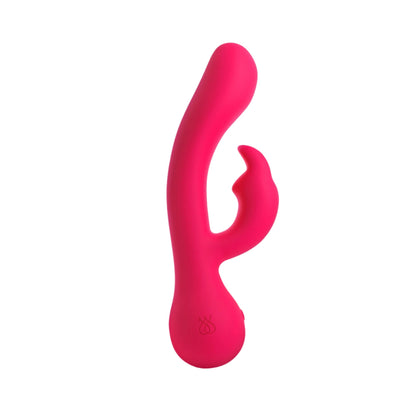 The JIMMYJANE® Ruby Rabbit is a pink silicone vibrator featuring a curved shaft for G-Spot stimulation and an external clitoral arm, shown on a white background.